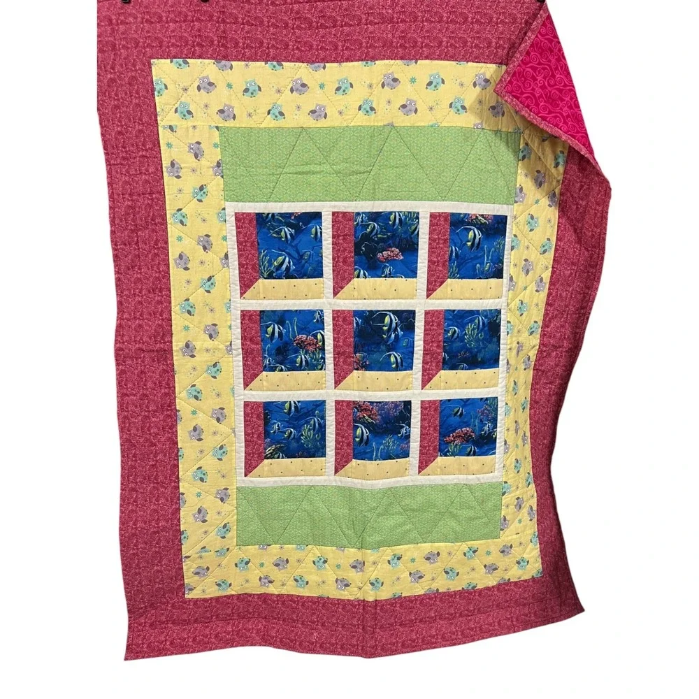 Vintage Handmade Hand Stitched Coastal Fish Quilt Twin Topper 50x60